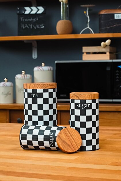 UCR HOME 3'Lü Set Metal Çay Kahve Şeker Saklama Kavanozu - Dama