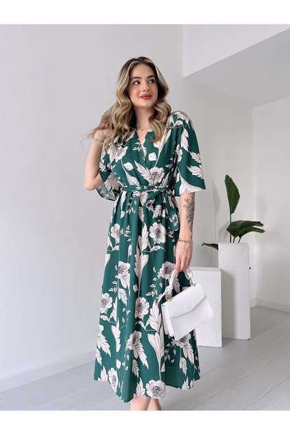 Women's Summer Double-breasted Lapel Print Long Slit Dress 13E-2228