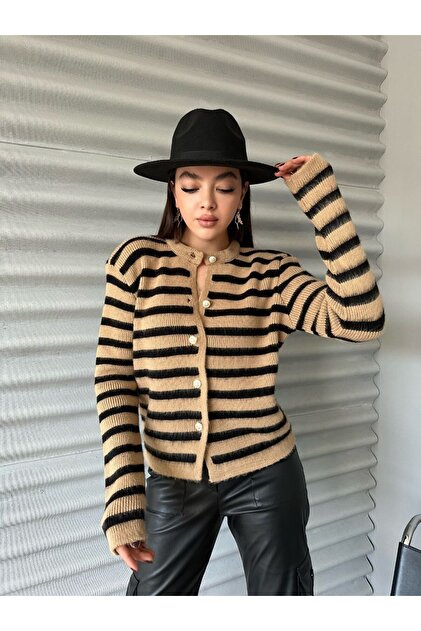 Cardigan striped cinnamon color elegant women's clothing