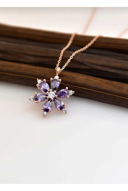 Mor Taşlı Kamelya Çiçeği Lotus Çelik Kolye Rose Renk Renk