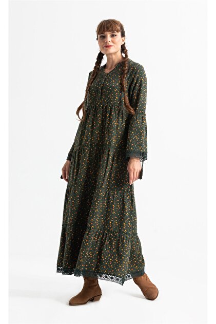 Eli ile Bezi Long Sleeve Seil Flannel Autumn And Winter Long Dress  Crispy Pattern Khaki Hk- Trendyol