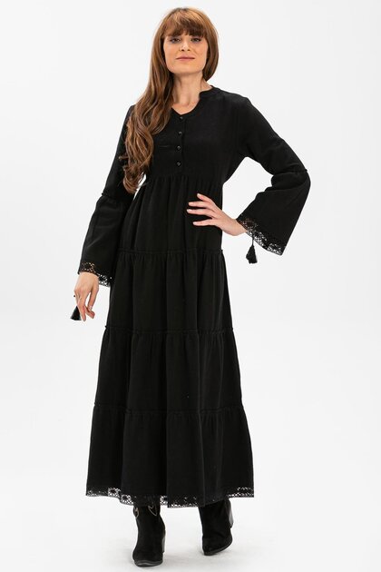 Long Sleeve Select Flannel Long Autumn and Winter Dress Black Syh