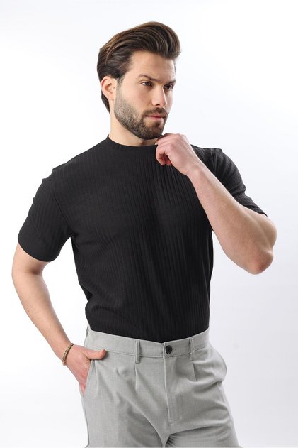 Siyah Dokulu Çizgi Tasarım Bisiklet Yaka Erkek T-shirt E7122