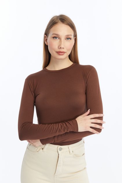 Women's Brown Round Neck Long Sleeve Blouse