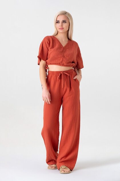 Muslin 100% Natural Cotton Wide Leg Trousers with Elastic Waist - Tile