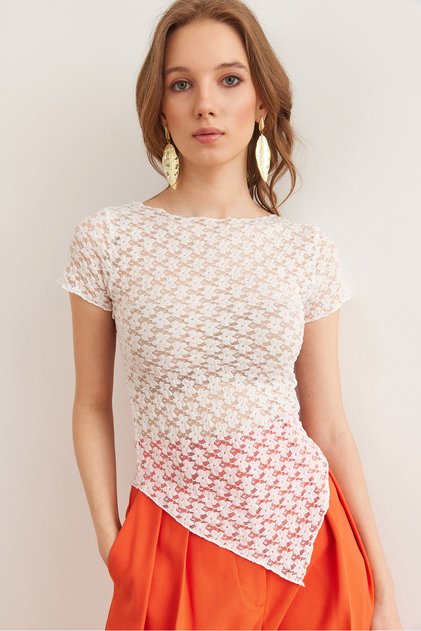 Women's White Six Asymmetrical Lace Blouse Blz- 19002888