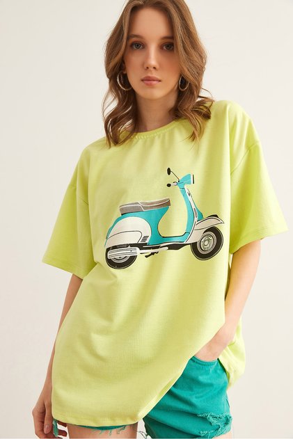 Women's Oil Green Motorcycle Printed 2 Thread Comfortable Fit T-Shirt Tsh- 19000850