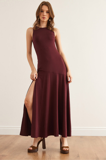 Women's Burgundy Deep Slit Draped Sandy Dress Elb- 19002356