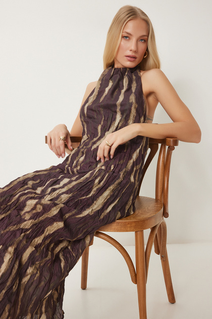 Happiness stanbul Women's Brown Beige Patterned Crinkle Effect Midi Woven  Dress Yx00001- Trendyol
