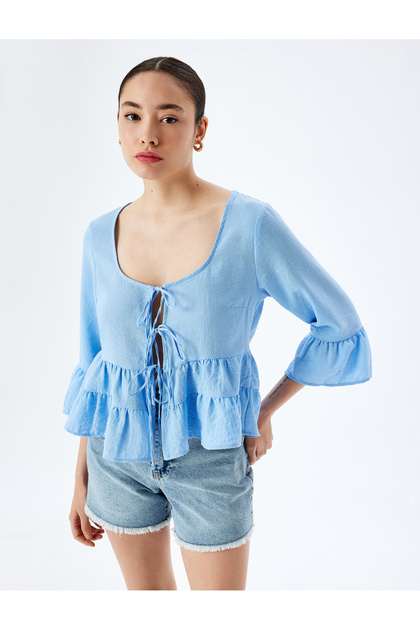 Lace-Up U-Neck Crop Flounce Blouse