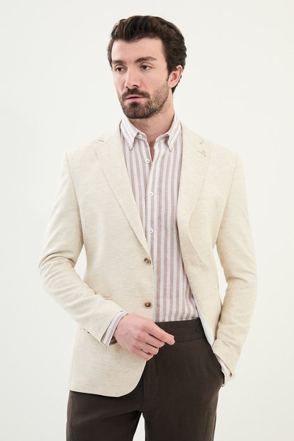 Crushed Slim Fit Mono Collar Linen Men's Jacket Beige - 41423.25Y
