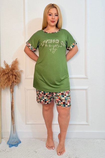 Plus Size Comfort Sleepwear Set with Bottom Top Shorts Patterned Double Cotton 2-Piece Bottom-Top Suit