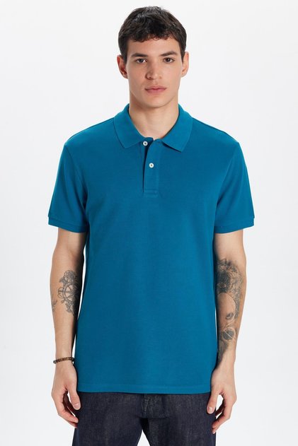 Men's Slim Fit Slim Fit 100% Cotton Blue Polo Neck T-Shirt