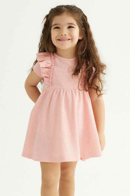 Crew Neck Short Sleeve Collar Frilly Waist Frosted Pink Color Girl's Dress