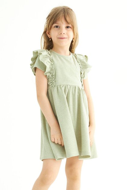 Crew Neck Short Sleeve Collar Frilly Waist Glazed Cagla Green Color Girl's Dress