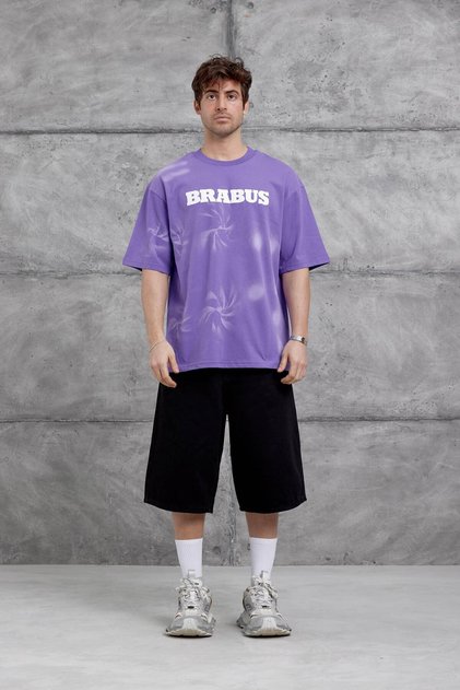 Men's T-Shirt Brabus Written Purple Oversize Printed Crew Neck Thick Cotton Fabric
