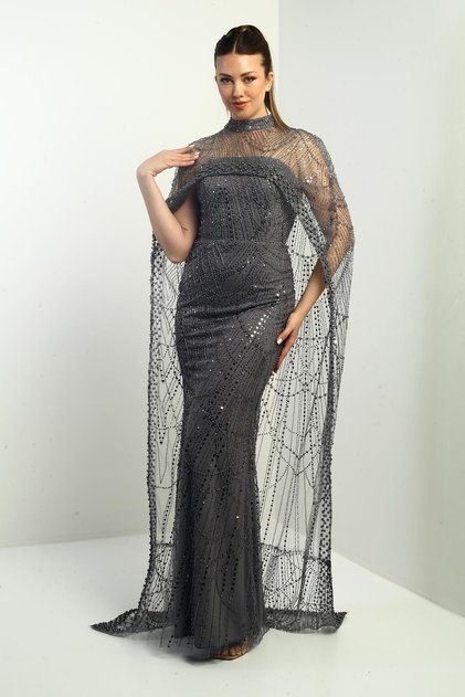 Women Strapless Stone-Sequin Embroidered Cape Lined Long Evening Dress