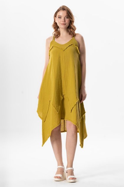 Strappy V-Neck Leyla Asymmetrical Cut Midi Length Muslin Summer Dress Oil Green Ygysl