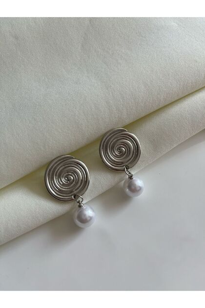 Pearl Detailed Dangle Metal Plate Women's Earrings