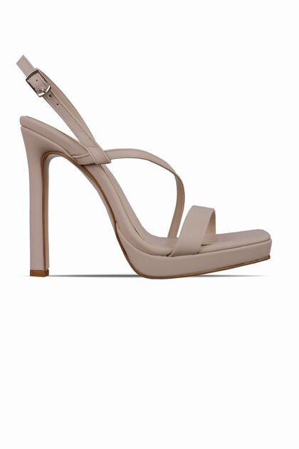 Polite Women's Front Strap Detailed Heeled Shoes-Cream