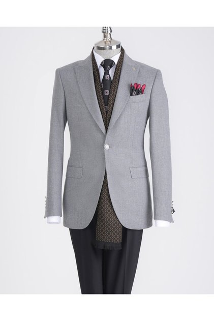 İtalyan stil slim fit sivri yaka erkek ceket gri T13241