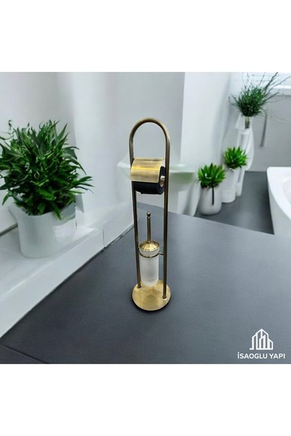 Antique Gold Pedestal Toilet Roll Holder and Brush Set Brass Material Antique Set