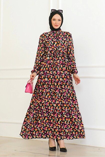 Floral Pattern Tied Viscose Fabric Dress - Orange/Pink Flowers