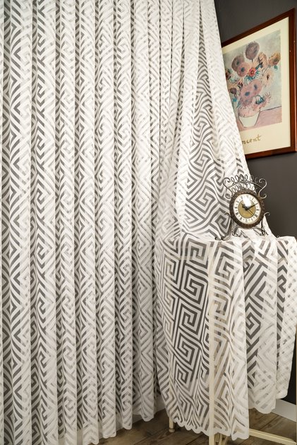 Geometric Pattern Knitted Tulle Curtain, 1X3 Dense Pleats, Single Panel - Cream