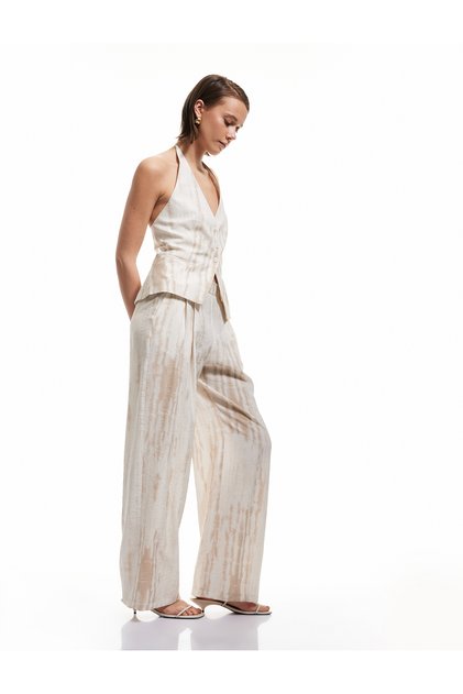 Viscose Blended Tie Dye Patterned High Waist Straight Loose Wide Leg Trousers with Pockets