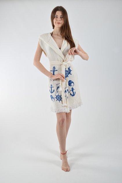 Hooded Vest Cotton Anchor Pattern Belted 1 Piece Unisex Muslin Fabric Multi-Purpose Bathrobe