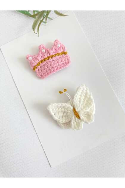 Newborn Baby Barrette Handmade Princess Crown and White Butterfly 2-Piece Clip Hairless Baby Barrette