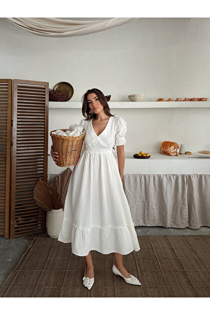 Lusin Women's Ecru V-Neck Elastic Waist Gathered Beige Muslin Fabric Short  Sleeve Dress- Trendyol