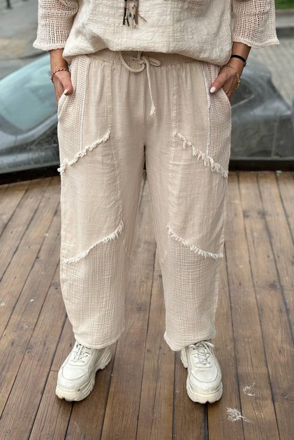 Women's Beige Elastic Waist Lace up Mesh Dirty Stitching Piece Pocket Loose Wide Leg Loose Linen Trousers