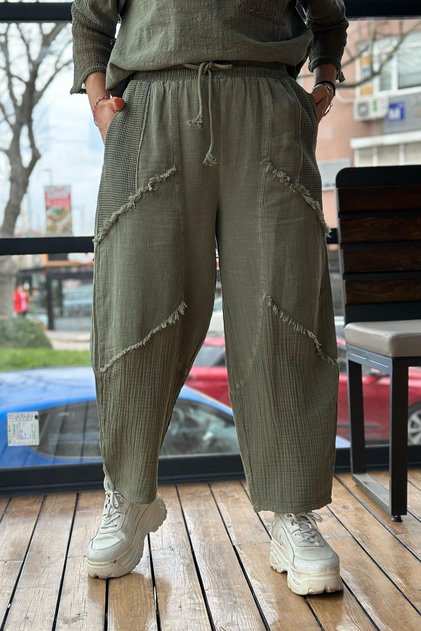 Dámske khaki elastický pás so šnúrkou zo sieťoviny s škaredým prešívaním a vreckami voľné nohavice voľné ľanové nohavice