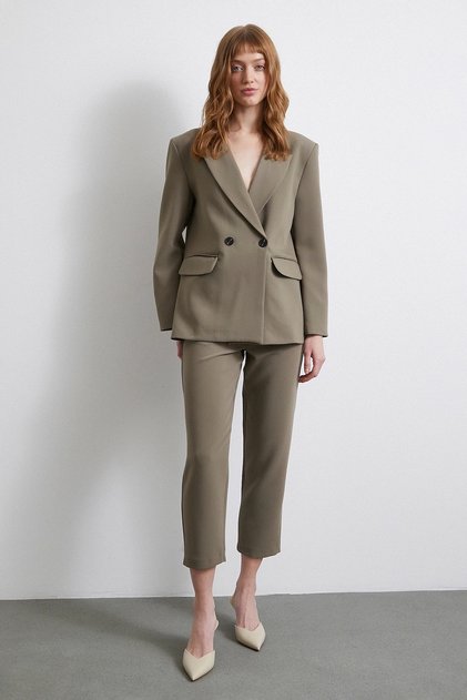 Skinny Fabric Trousers with Pens on the Front Khaki