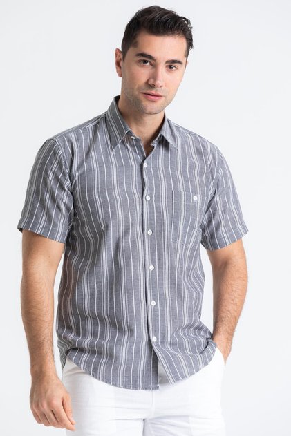 Large Size Short Sleeve Shile Cloth Single Pocket Men's Summer Shirt Gray White Striped 3078