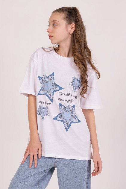 White Girl Star Detailed T-Shirt for Ages 4-14
