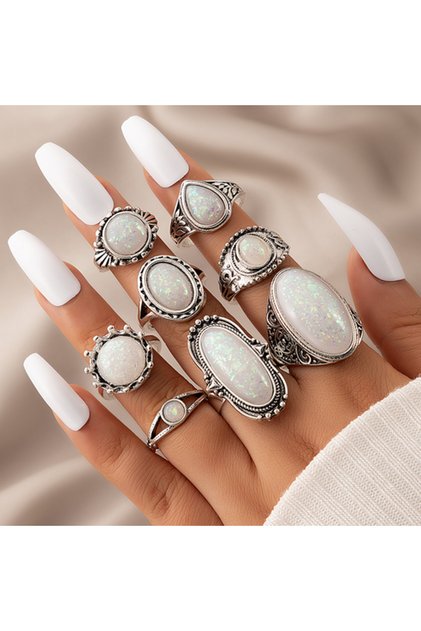 RINGS DB Tocona-set of vintage rings, silver colour, coloured OPAL, carved stone, Bohemian jewels f