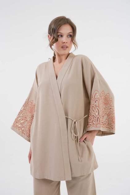 Women's Mink Sleeves Sequin Embroidered Linen Kimono Jacket and Pants Bottom/Top Set 21061