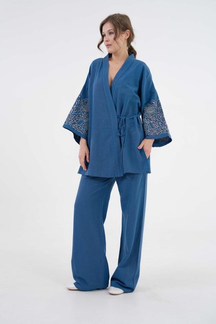 Women's Indigo Sleeves Sequin Sequins Embroidered Linen Kimono Jacket and Pants Bottom/Top Set 21061