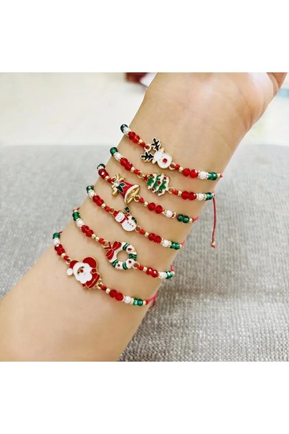 Bohemian Style New Year Bracelet Set -Santa Claus, Deer & Bell Beads 1 (Pcs)