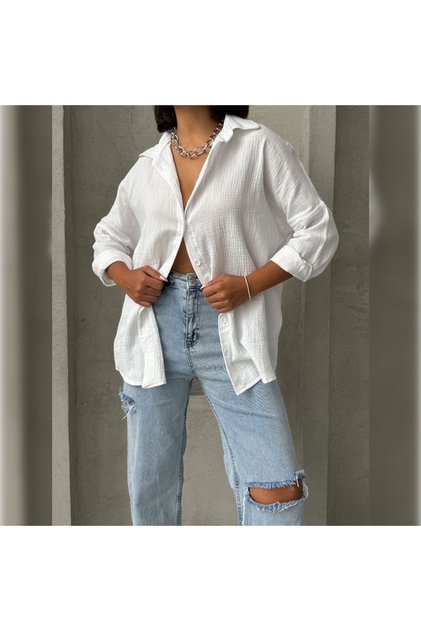 White Oversize Long Sleeve Muslin Shirt