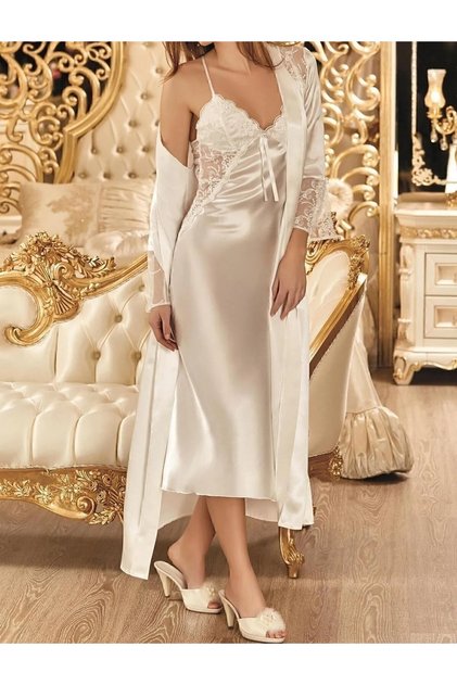Women's Ecru Dressing Gown Shorts Pajamas 6-Piece Satin Dowry Set N.Ur.6.6.R.O.9.2.Z.E.L.T.