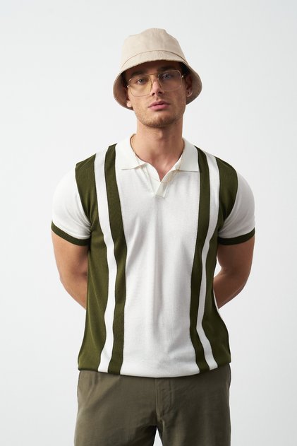 Striped Oversize Polo Neck Knitwear Men's T-Shirt