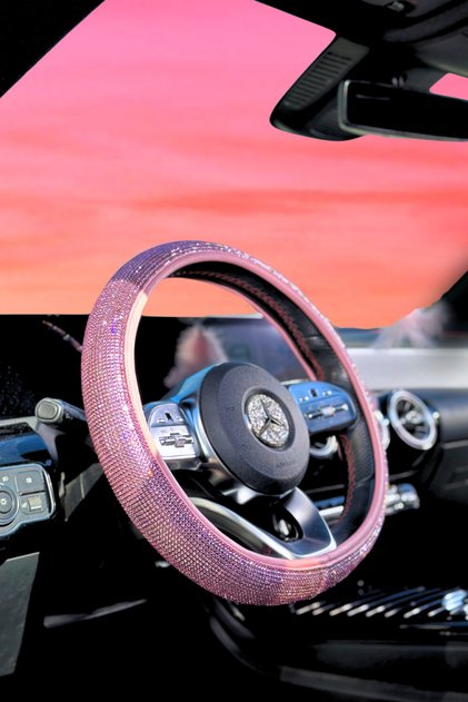 Pudra Pembe Full Pırlanta Taşlı Direksiyon Kılıfı-taş Direksiyon