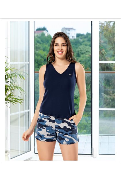 Women's Strappy Camouflage Patterned Shorts Pajama Set