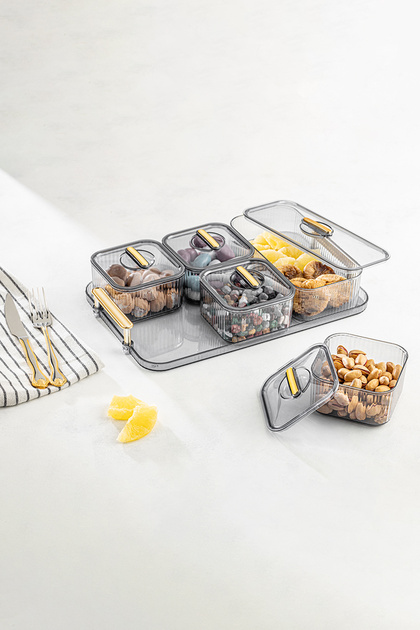11 Piece Gold Handle Acrylic Presentation Tray Smoked Breakfast Set