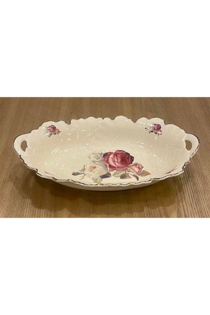 Servis Tabağı Krem Gold Oval Çukur Gül Desen Rose 36x22x6CM