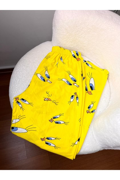 Kadın Sarı Tweety Desenli Süet Tek Alt Pijama Kadın Tweety Desenli Pijama Altı