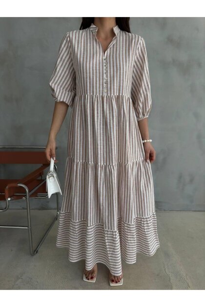 Striped Linen Dress with Hakim Collar and Buttons - Brown